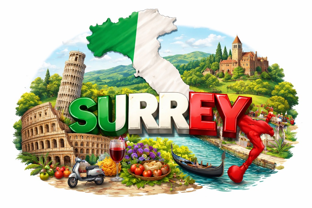 Surrey in Italian tricolour colours with Italian landmarks, food, and countryside